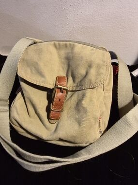 Fossil(small) Canvas Crossbody Bag in Khaki with Leather Trim